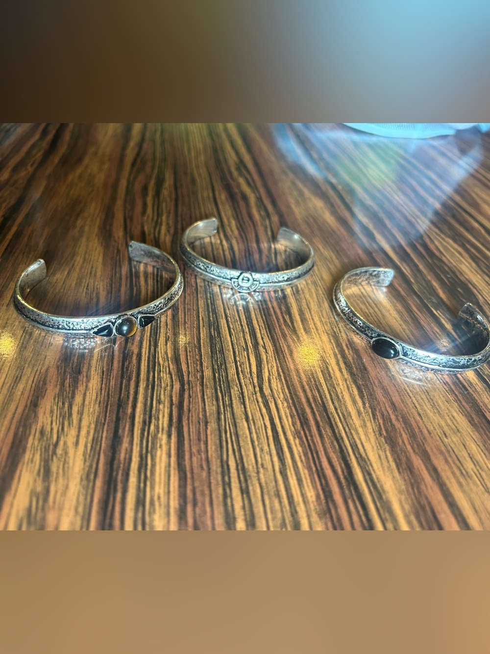 Handcrafted Silver-Tone Cuff Bracelet with Black Stone Accent - Silver